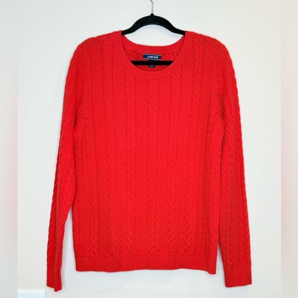 🔥NWOT Lands' End Women's Red Cable Knit Sweater 100% Cotton Sz L 🔥